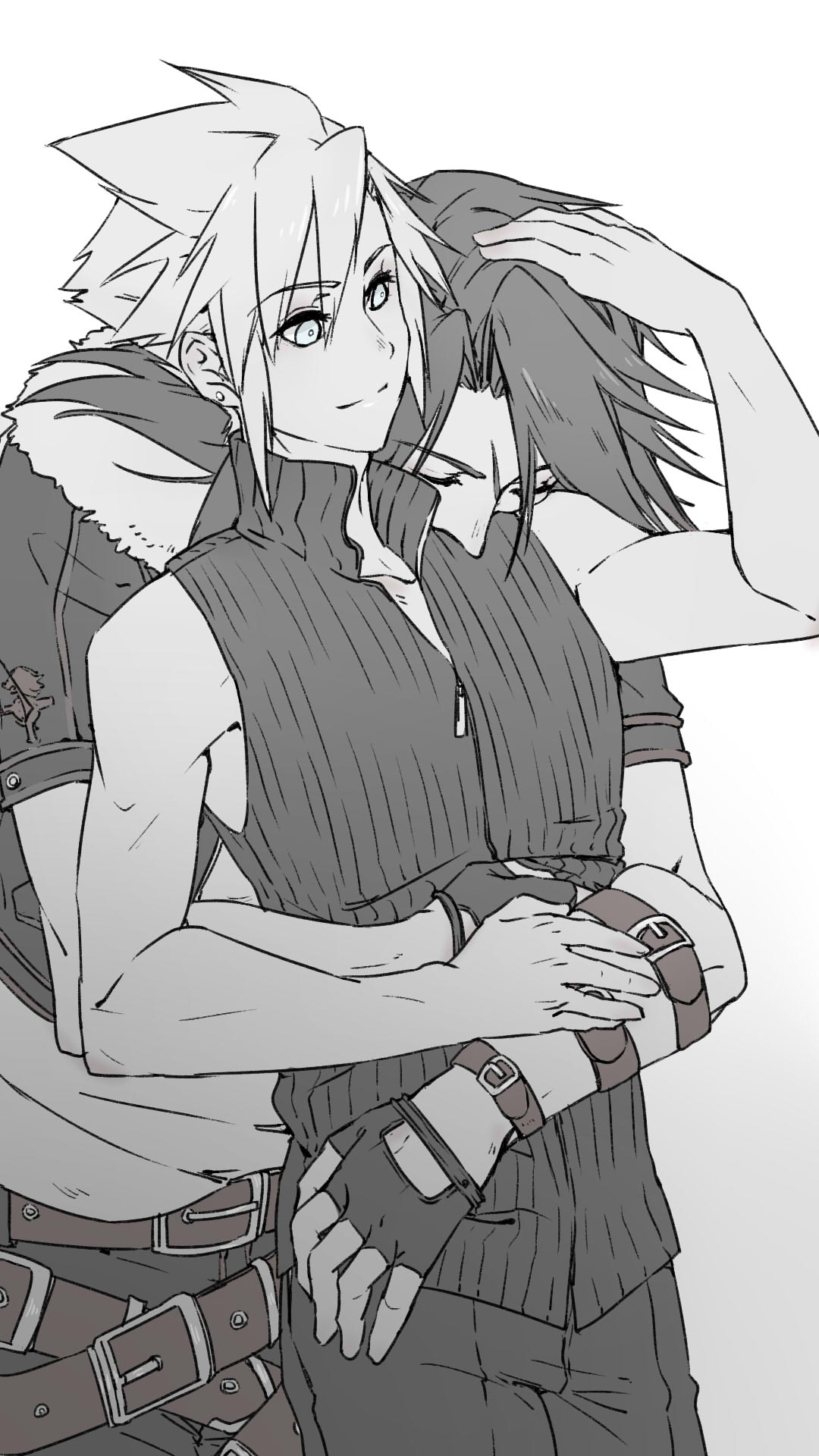 2boys arm_strap arm_up arms_around_waist belt closed_eyes cloud_strife couple cropped_jacket earrings fermium.ice final_fantasy final_fantasy_vii final_fantasy_viii fingerless_gloves gloves gradient_background greyscale hand_on_another's_head highres hug hug_from_behind jacket jewelry kingdom_hearts kingdom_hearts_ii long_hair looking_down male_focus monochrome multiple_belts multiple_boys no_armor open_clothes open_jacket scar scar_on_face short_hair short_sleeves simple_background spiked_hair squall_leonhart stud_earrings upper_body vest yaoi zipper