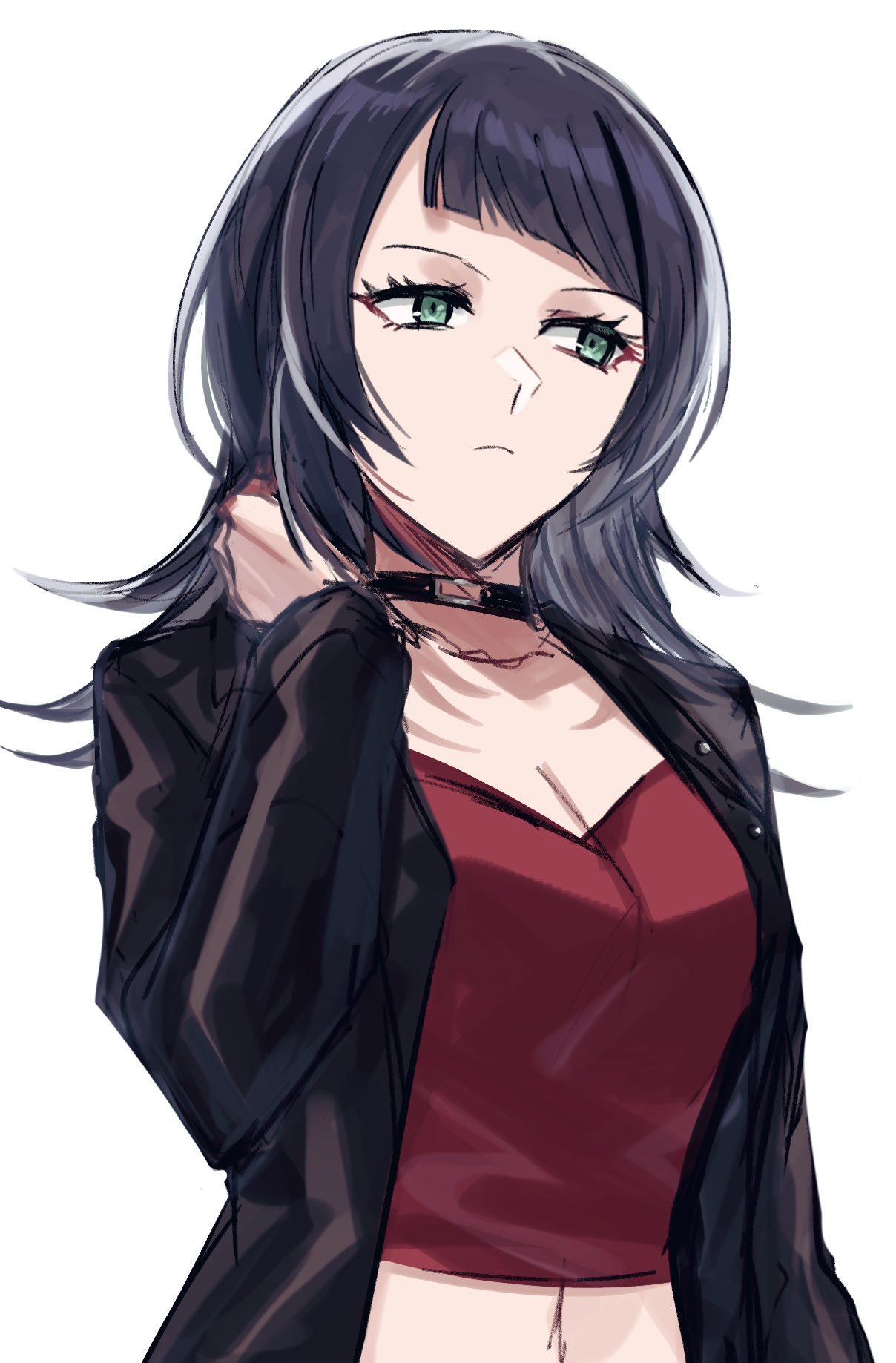1girl aoki_shizumi bang_dream! bang_dream!_it's_mygo!!!!! black_choker black_jacket breasts choker cleavage closed_mouth commentary expressionless green_eyes hand_on_own_neck highres jacket long_hair long_sleeves medium_breasts purple_hair red_shirt shirt simple_background solo upper_body white_background yahata_umiri
