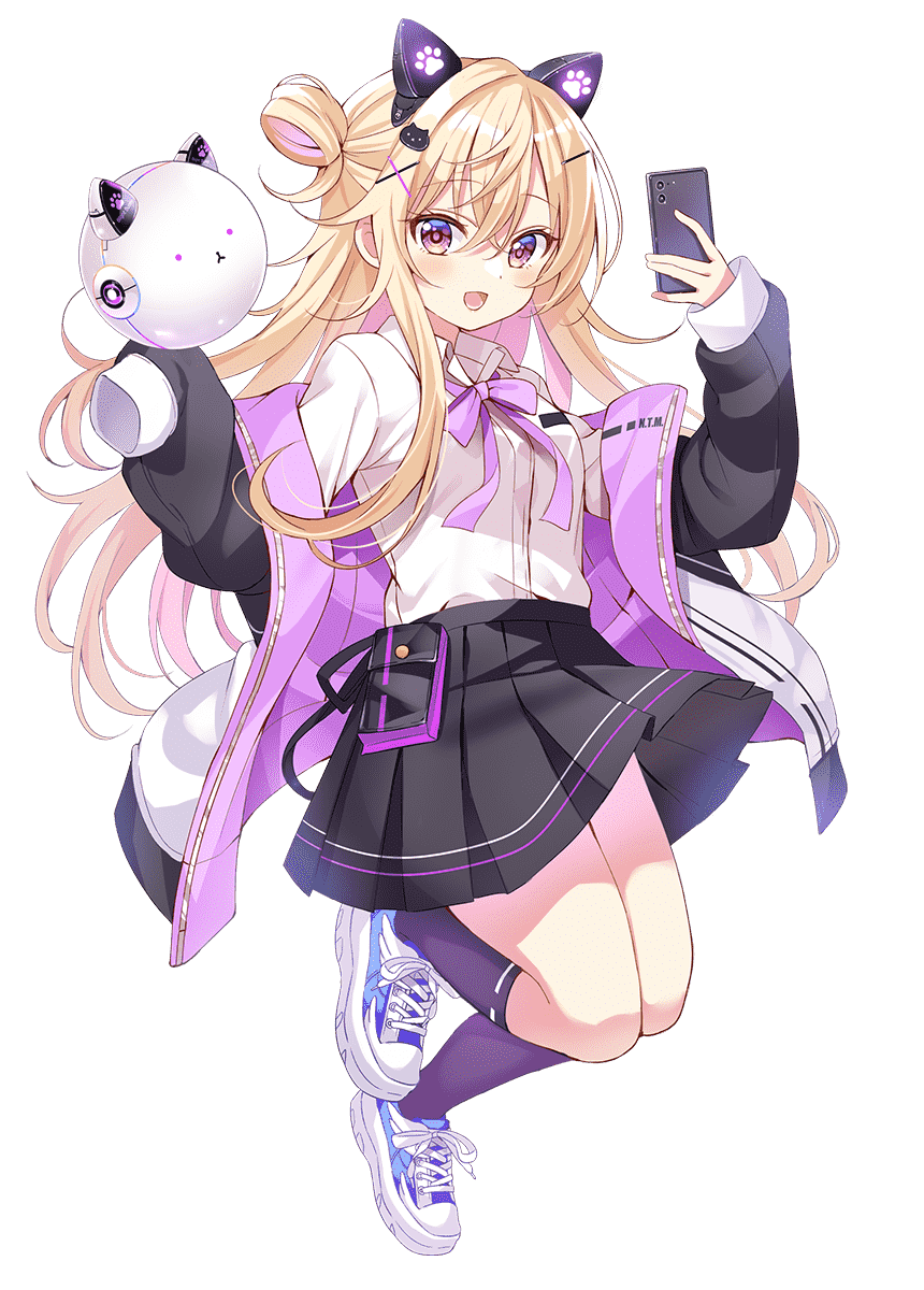 1girl :d \||/ alternate_costume alternate_hair_length alternate_hairstyle animal_ears april_fools black_skirt blonde_hair blush cat_ears cellphone cherry_blossoms collared_shirt cross-laced_footwear dress_shirt eyelashes fake_animal_ears floating_clothes floating_hair full_body gochuumon_wa_usagi_desu_ka? hair_between_eyes hair_ornament hairclip hands_up happy highres holding holding_phone jacket jinja_natsume kneehighs knees_together_feet_apart koi_(koisan) letterman_jacket long_hair looking_at_viewer lower_teeth_only official_art one_side_up open_clothes open_jacket open_mouth phone pleated_skirt purple_eyes purple_socks rabbit_hair_ornament shirt shoes sidelocks simple_background skirt sleeves_past_wrists smartphone smile sneakers socks solo teeth transparent_background tsurime very_long_hair white_shirt x_hair_ornament