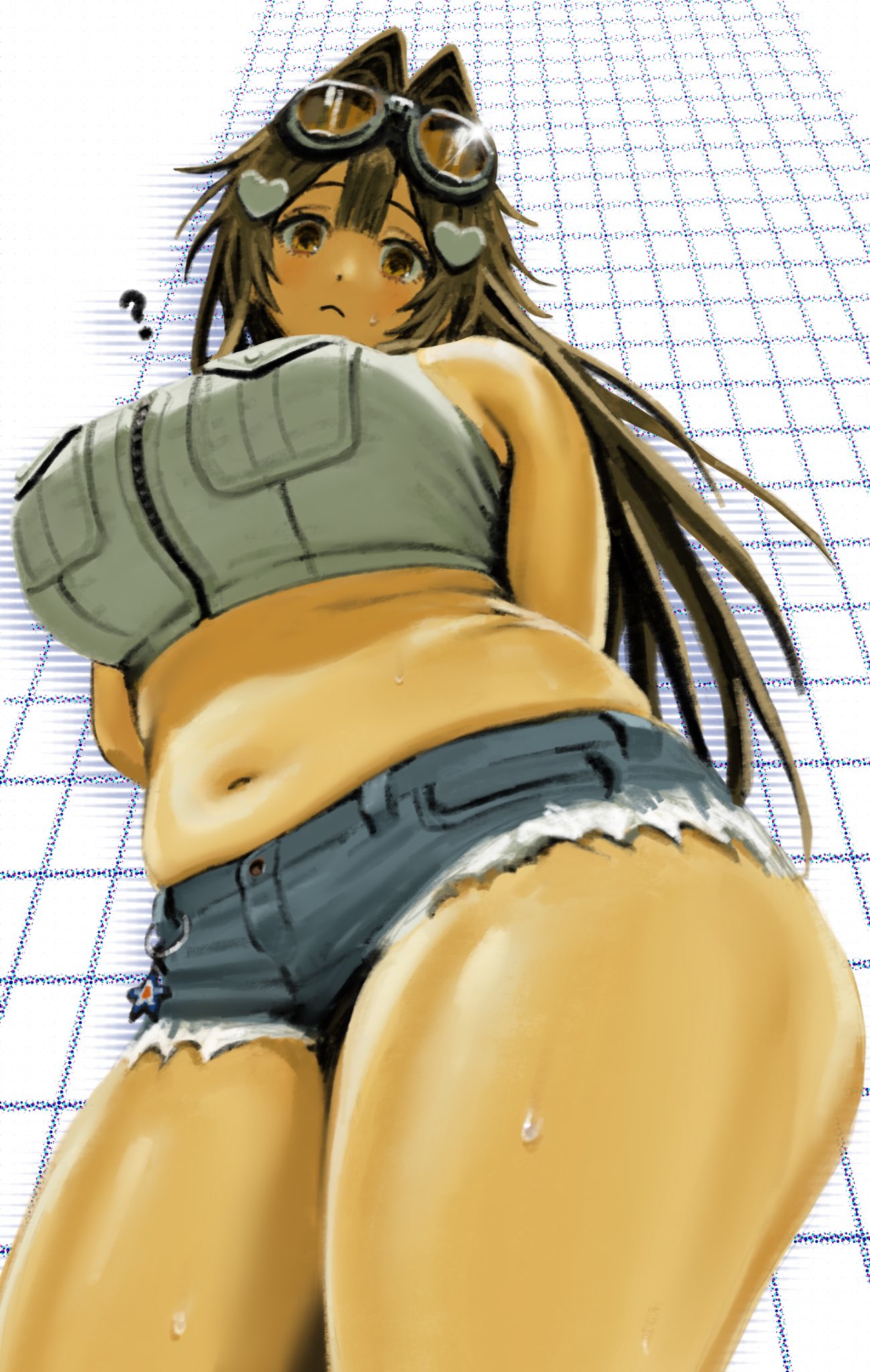 1girl ? arms_behind_back blue_shorts blush breast_pocket breasts brown_eyes brown_hair cowboy_shot fat_rolls from_below glint goggles goggles_on_head hair_ornament heart heart_hair_ornament highres hott0g111 large_breasts long_hair looking_at_viewer nanaco_(hott0g111) original plump pocket shorts solo zipper