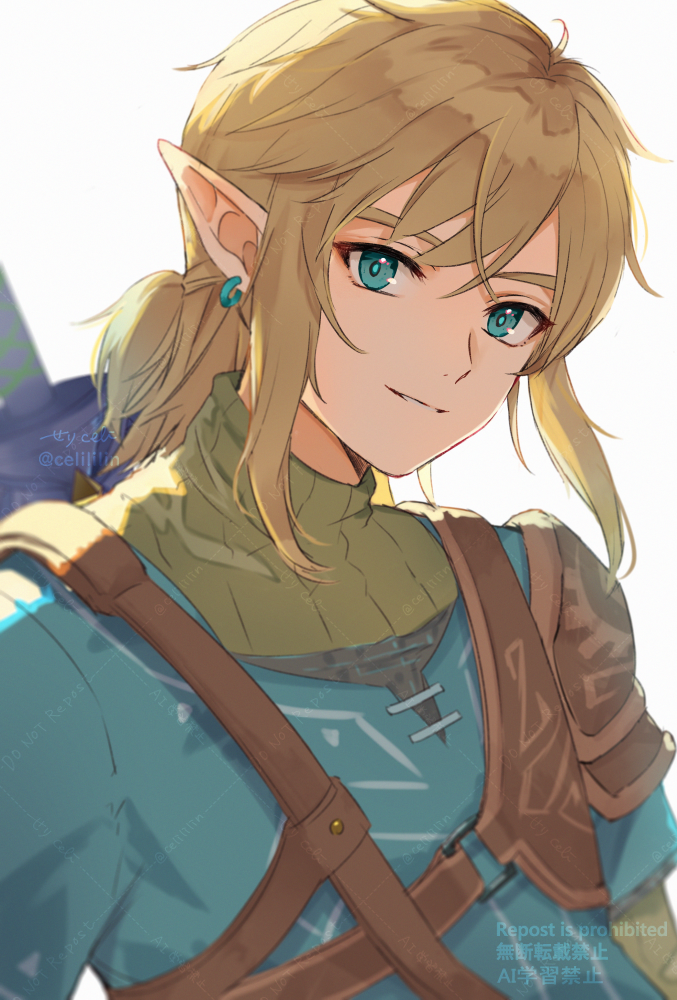 1boy belt blonde_hair earrings green_eyes green_shirt grey_background jewelry link male_focus master_sword pointy_ears ponytail seri_(yuukasakura) shirt shoulder_pads simple_background smile solo teeth the_legend_of_zelda the_legend_of_zelda:_tears_of_the_kingdom upper_body