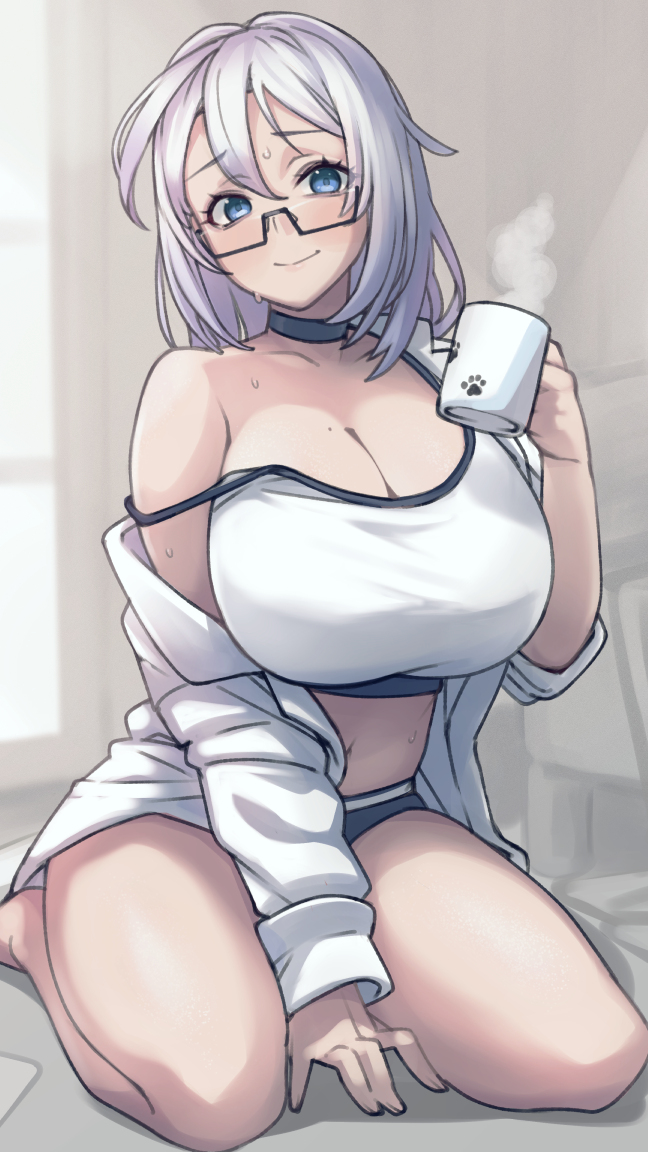 1girl barefoot black-framed_eyewear blue_eyes blue_panties blush breasts choker cleavage commission cup glasses grey_hair holding holding_cup huge_breasts indoors long_sleeves looking_at_viewer mi2mi2_minmi mole mole_on_breast mug off_shoulder open_clothes open_shirt original panties paw_print shirt sitting skeb_commission solo sports_bra steam underwear unworn_headwear white_sports_bra