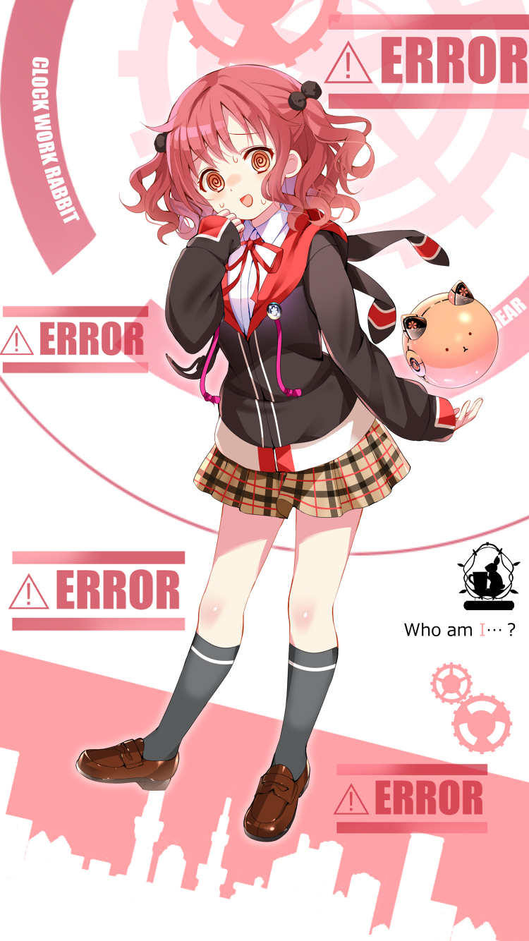 1girl @_@ alternate_costume april_fools arm_at_side black_cardigan black_socks blush brown_footwear brown_skirt cardigan collared_shirt confused english_text full_body gear_print gochuumon_wa_usagi_desu_ka? hair_ornament hand_up highres kneehighs koi_(koisan) loafers looking_at_viewer medium_hair miniskirt natsu_megumi neck_ribbon nervous_smile official_art official_wallpaper open_mouth plaid plaid_skirt pleated_skirt pom_pom_(clothes) pom_pom_hair_ornament red_eyes red_hair red_ribbon ribbon school_uniform shirt shoes simple_background skirt sleeves_past_wrists smile socks solo standing sweatdrop twintails wavy_hair white_background white_shirt