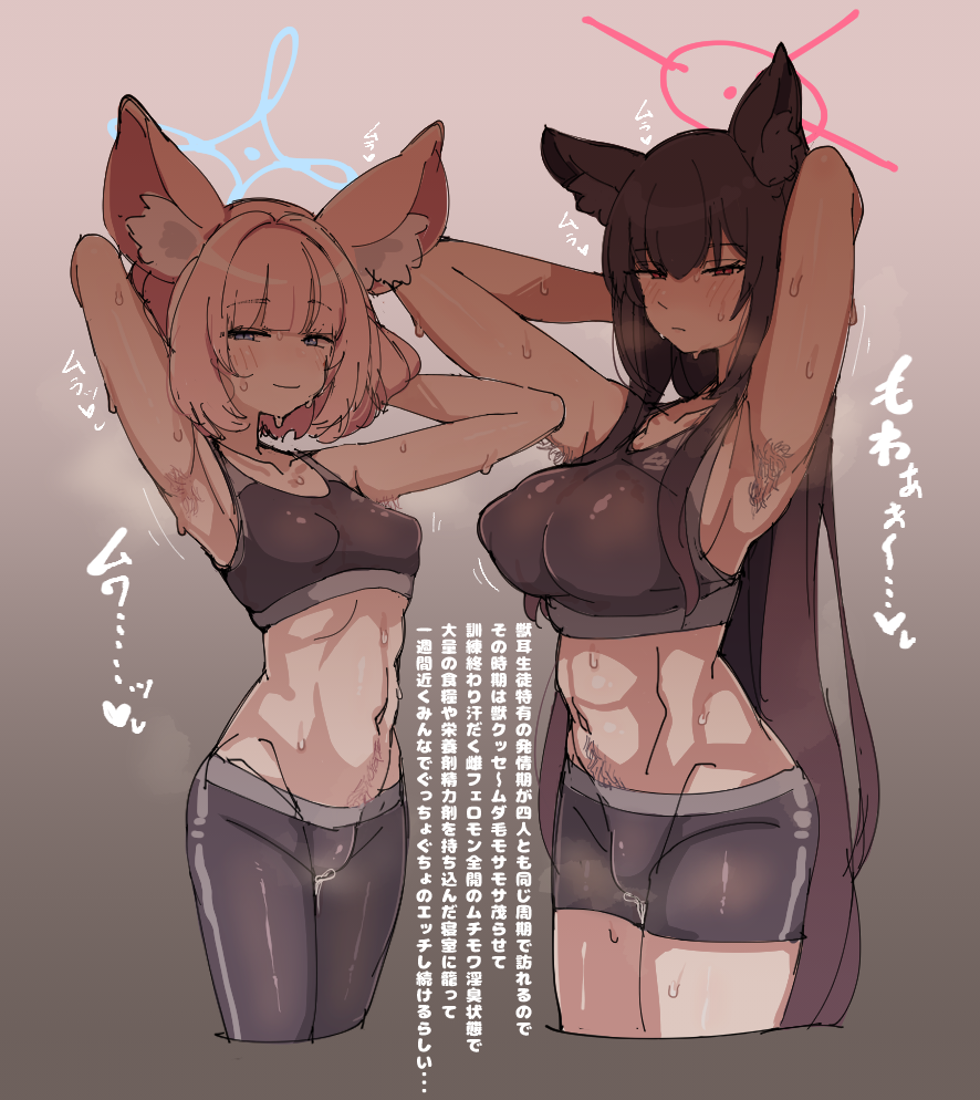 2girls animal_ear_fluff animal_ears armpit_hair armpits arms_behind_head bike_shorts black_hair black_pants black_pubic_hair black_sports_bra blue_archive blue_eyes blue_halo breasts brown_background commentary_request female_pubic_hair gradient_background halo large_breasts long_hair looking_at_viewer multiple_girls navel niko_(blue_archive) nipples pants pink_hair pubic_hair red_eyes red_halo short_hair small_breasts smile sports_bra syoya translation_request yoga_pants yukino_(blue_archive)