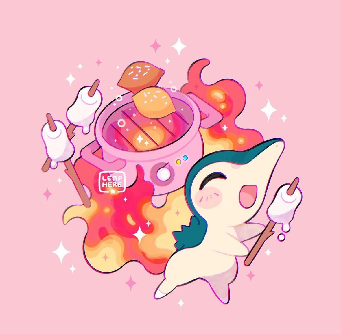 :d artist_name blush_stickers closed_eyes commentary cyndaquil fire food happy holding holding_stick leaphere marshmallow no_humans open_mouth pink_background pokemon pokemon_(creature) smile solo star_(symbol) stick