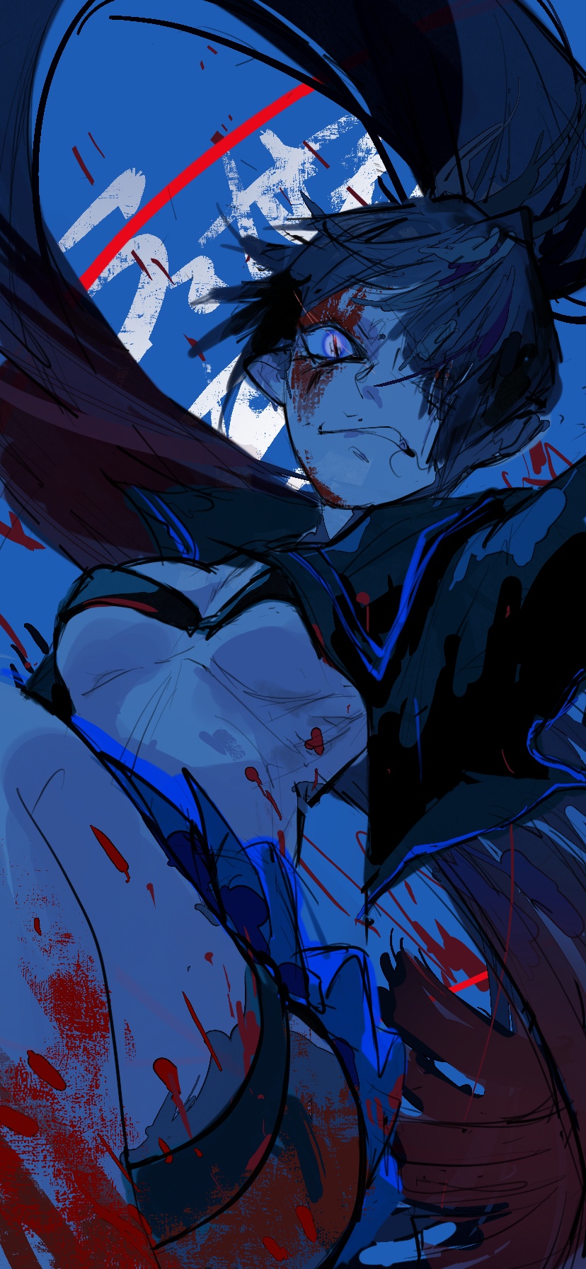 1girl absurdly_long_hair ado_(utaite) bikini bikini_top_only black_hair black_sailor_collar blood blood_on_face blood_on_leg blood_splatter blue_background blue_trim breasts chinese_commentary clenched_teeth commentary_request cowboy_shot crop_top floating_hair frown hair_over_one_eye high_ponytail highres long_hair looking_at_viewer medium_breasts miena_(user_ckpa5558) naima_(ado) purple_eyes sailor_collar skirt slit_pupils solo song_name swimsuit teeth underboob usseewa very_long_hair