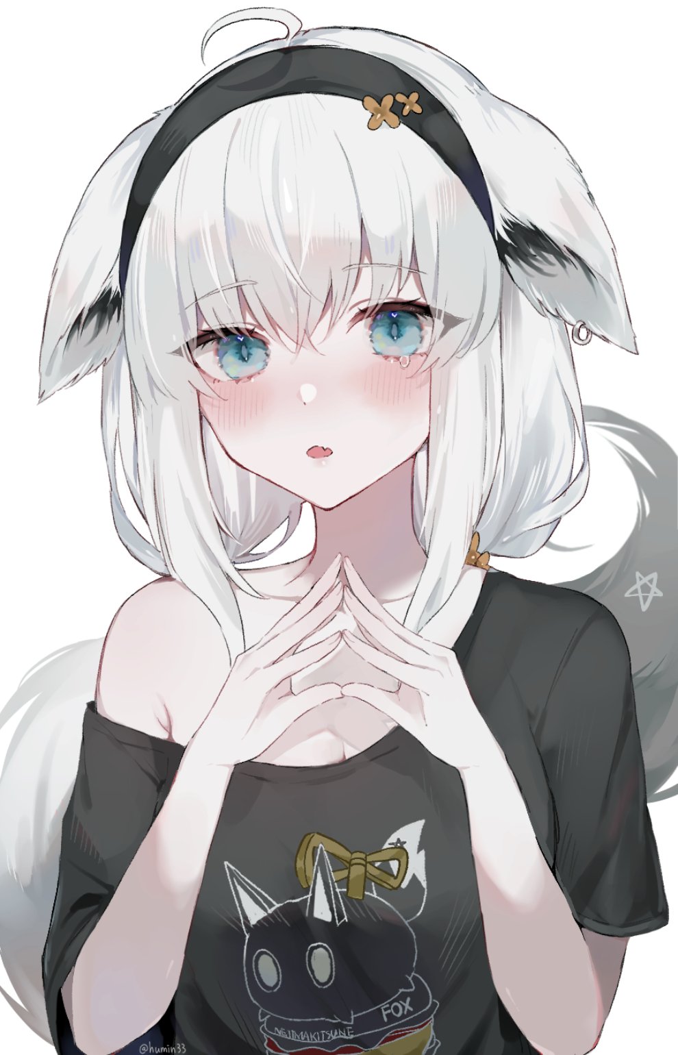 1girl ahoge animal_ears black_hairband black_shirt blue_eyes blush breasts cleavage earrings ears_down fang fox_ears fox_girl fox_tail hair_between_eyes hairband hands_up highres hololive jewelry long_hair looking_at_viewer low_twintails medium_breasts mofumin off_shoulder official_alternate_costume parted_lips pentagram shirakami_fubuki shirakami_fubuki_(loungewear) shirt sidelocks simple_background single_earring skin_fang solo steepled_fingers tail tearing_up tears twintails twitter_username upper_body virtual_youtuber white_background white_hair