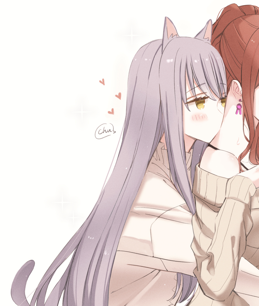 2girls animal_ears bang_dream! blackfangs brown_sweater cat_ears cat_girl cat_tail commentary grey_hair heart hug hug_from_behind imai_lisa kemonomimi_mode long_hair minato_yukina multiple_girls off-shoulder_sweater off_shoulder red_hair shirt simple_background sweat sweater tail white_background white_shirt yellow_eyes yuri