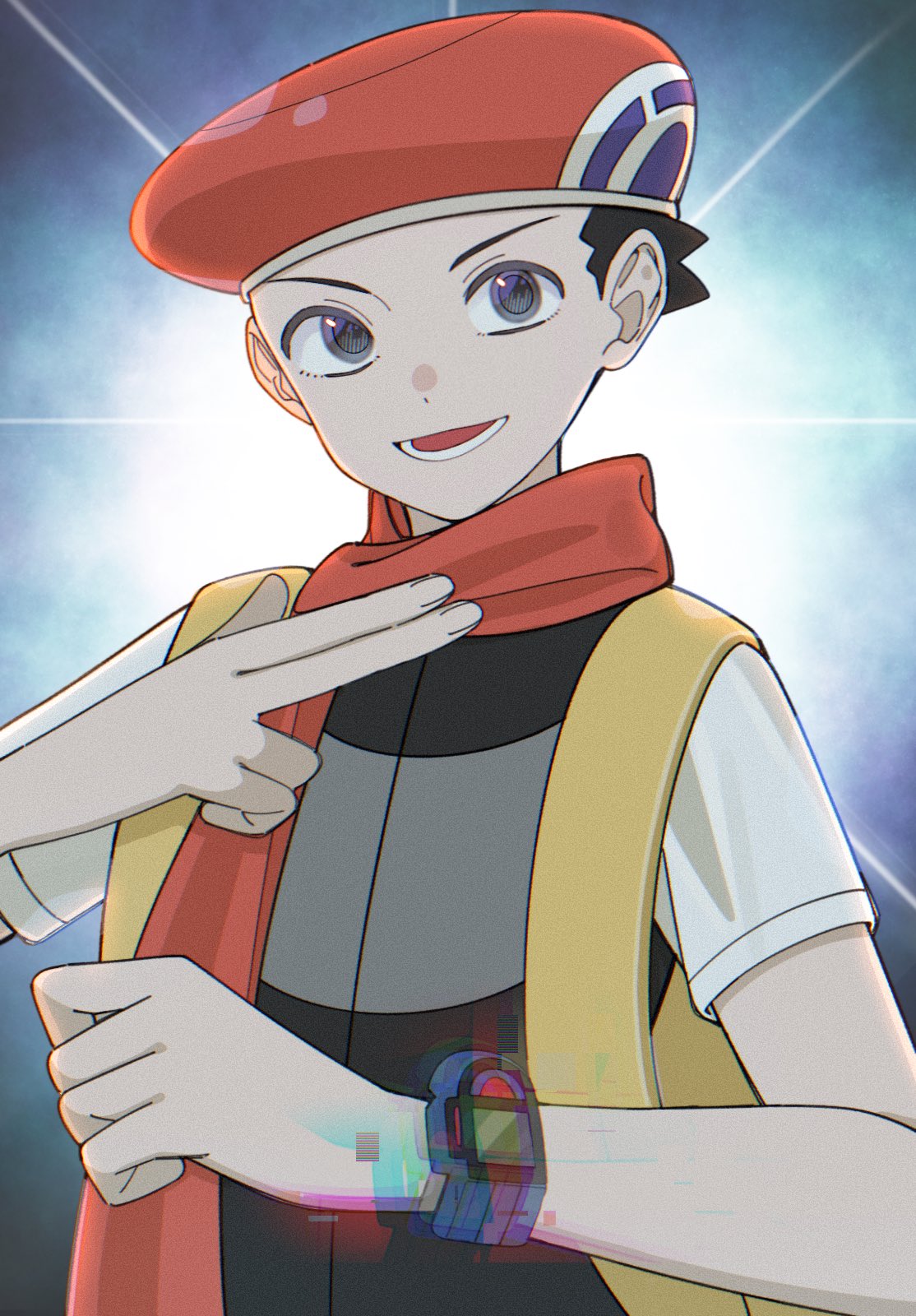 1boy :d beret black_hair commentary_request grey_eyes grey_vest hat highres kana_(kanna_runa0620) looking_at_viewer lower_teeth_only lucas_(pokemon) male_focus open_mouth pokemon pokemon_dppt poketch scarf shirt short_hair short_sleeves smile solo t-shirt teeth upper_body vest watch white_shirt wristwatch