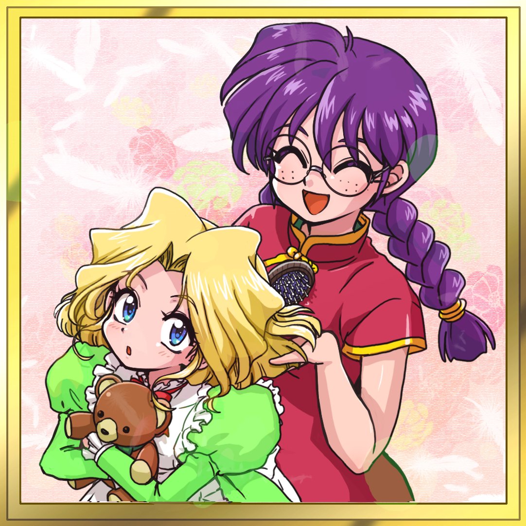 2girls blonde_hair blue_eyes braid brushing_hair closed_eyes dress freckles glasses green_dress hair_brush happy iris_chateaubriand long_hair looking_back multiple_girls open_mouth purple_hair ri_kouran rimless_eyewear roba_takahiro round_eyewear sakura_taisen short_hair stuffed_animal stuffed_toy teddy_bear twin_braids