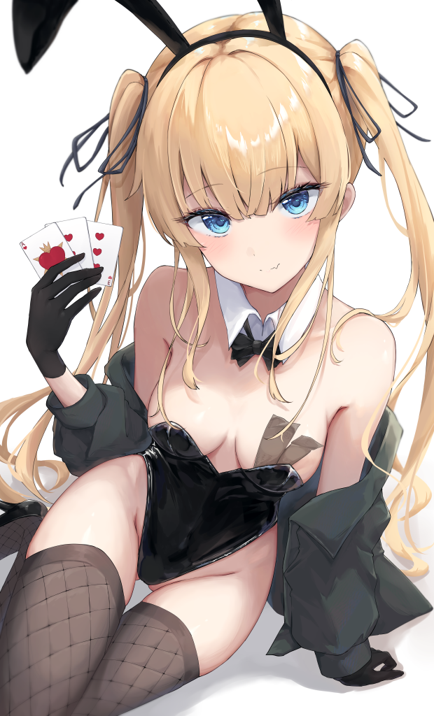 1girl animal_ears bare_shoulders black_gloves black_jacket black_leotard blonde_hair blue_eyes blush bow bowtie breasts card cleavage covered_navel detached_collar fake_animal_ears fishnet_thighhighs fishnets gloves hair_ornament highleg highleg_leotard jacket leotard long_hair looking_at_viewer medium_breasts off_shoulder playboy_bunny playing_card rabbit_ears saenai_heroine_no_sodatekata sawamura_spencer_eriri simple_background smile solo strapless strapless_leotard thighhighs traditional_bowtie tu_(to_sse) twintails white_background