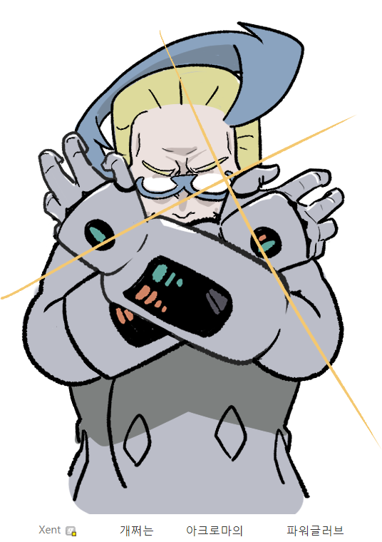 1boy blonde_hair blue-framed_eyewear blue_eyes coat colress_(pokemon) gigobyte350 glasses grey_coat korean_text male_focus multicolored_hair opaque_glasses pokemon pokemon_sm solo sparkle two-tone_hair upper_body x_arms