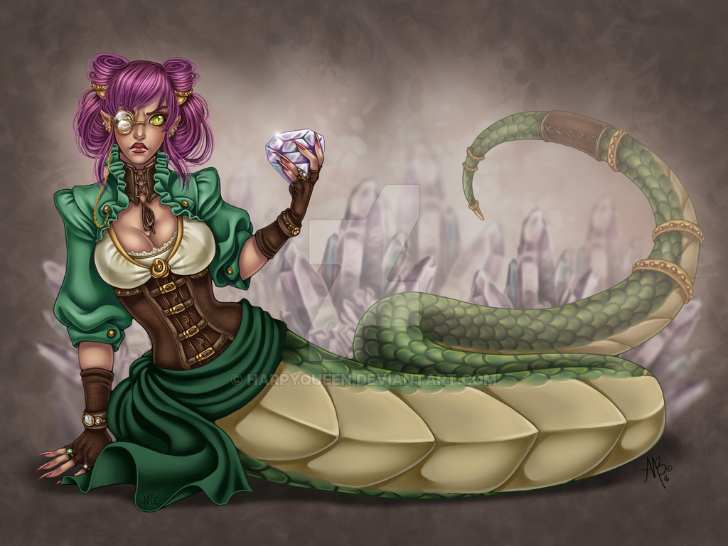 blouse bracelet clothed clothing collar corset eyewear female fingerless_gloves gem gloves green_eyes green_scales hair hair_up harpyqueen jewelry lamia lingerie monocle pointy_ears purple_hair reptile ring scales scalie snake solo steampunk tail_rings waist_accessory