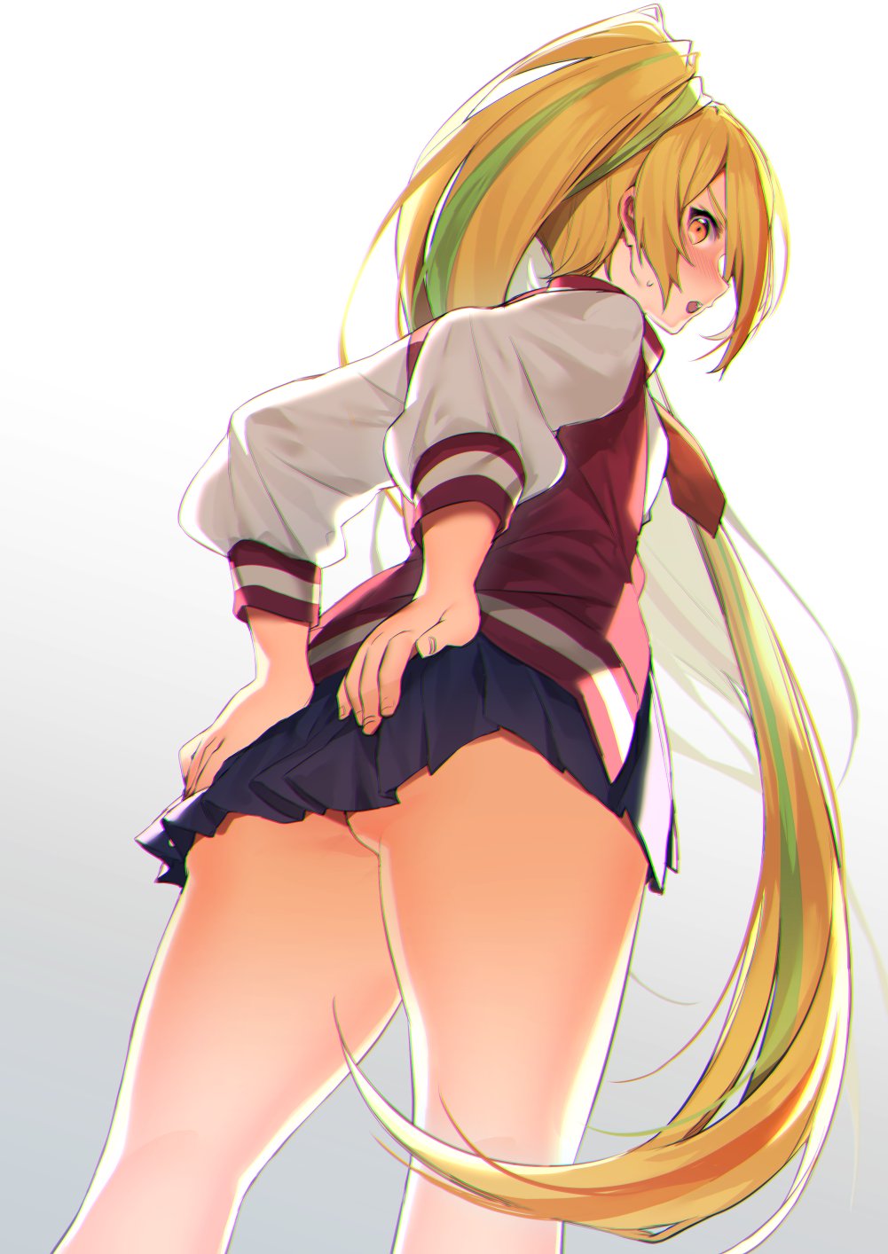 1girl ass bangs blonde_hair blush commentary_request from_below hair_over_one_eye high_ponytail highres itohana jacket legs long_hair looking_at_viewer multicolored_hair nikaidou_saki open_mouth pleated_skirt ponytail red_eyes red_jacket skirt streaked_hair sweatdrop very_long_hair zombie_land_saga