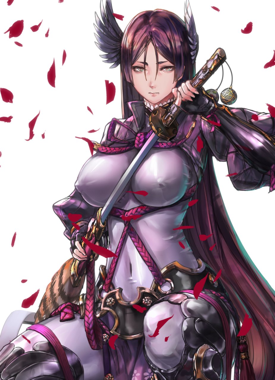 animal_print armor bangs black_gloves bodysuit breasts closed_mouth commentary_request covered_navel covered_nipples curvy erect_nipples falling_petals fate/grand_order fate_(series) feathers fingerless_gloves gloves hair_feathers highres holding holding_sword holding_weapon japanese_armor katana large_breasts loincloth long_hair looking_at_viewer low-tied_long_hair minamoto_no_raikou_(fate/grand_order) nina_(ninageya) parted_bangs pelvic_curtain purple_bodysuit purple_hair ribbed_sleeves rope sheath squatting suneate sword tabard tiger_print unsheathing very_long_hair weapon work_in_progress yellow_eyes