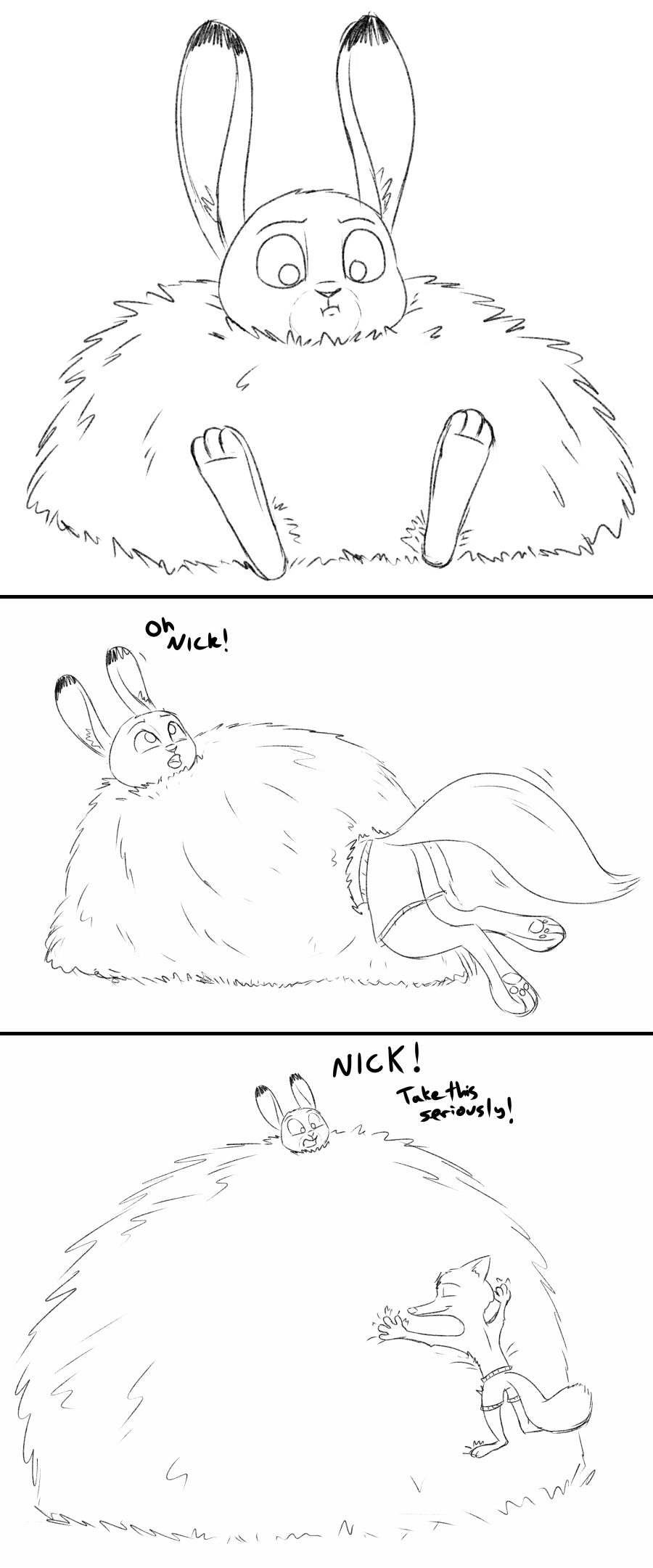 2016 anthro black_and_white canine clothed clothing comic dialogue dipstick_ears disney duo english_text female fluffy fox humor judy_hopps lagomorph male mammal monochrome nick_wilde rabbit simple_background text tggeko topless what white_background zootopia