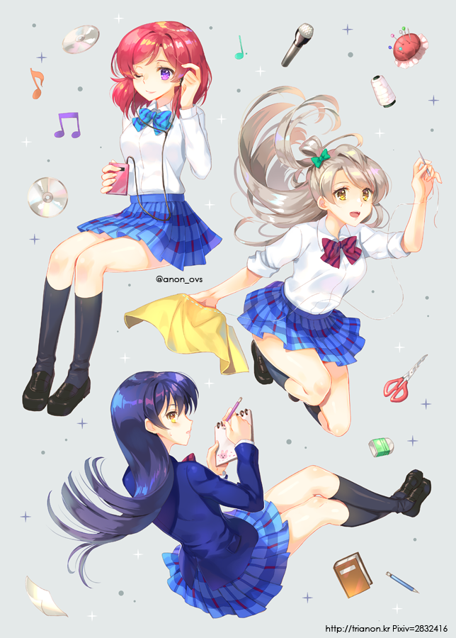 bangs beamed_eighth_notes blazer blue_hair blue_neckwear book bow bowtie commentary_request crossed_legs digital_media_player dotted_quarter_note eighth_note fabric floating floating_hair floating_object grey_hair hair_between_eyes hair_bow jacket long_hair long_sleeves love_live! love_live!_school_idol_project mechanical_pencil microphone minami_kotori multiple_girls musical_note needle nishikino_maki one_eye_closed one_side_up open_mouth otonokizaka_school_uniform pencil plaid plaid_skirt pleated_skirt purple_eyes red_hair red_neckwear school_uniform scissors sewing_needle shirt short_hair simple_background skirt sonoda_umi striped striped_neckwear thread trianon twitter_username white_shirt yellow_eyes