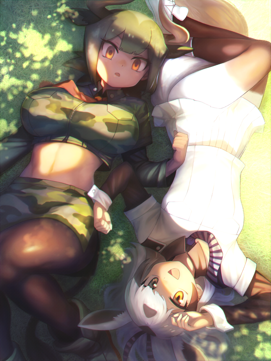 :d animal_ears arabian_oryx_(kemono_friends) aurochs_(kemono_friends) bajima_shouhei bangs black_hair bodystocking breasts brown_eyes camouflage camouflage_shirt camouflage_skirt commentary_request crop_top cropped_shirt dappled_sunlight day eyebrows_visible_through_hair from_above grass green_hair hand_up hands_up highres horns kemono_friends knee_up large_breasts long_hair long_sleeves looking_at_viewer lying midriff multicolored_hair multiple_girls navel necktie on_back open_mouth orange_eyes oryx_ears outdoors pantyhose red_neckwear shade shirt short_hair short_sleeves skirt smile stomach sunlight tail toned tree_shade upside-down white_hair white_shirt white_skirt