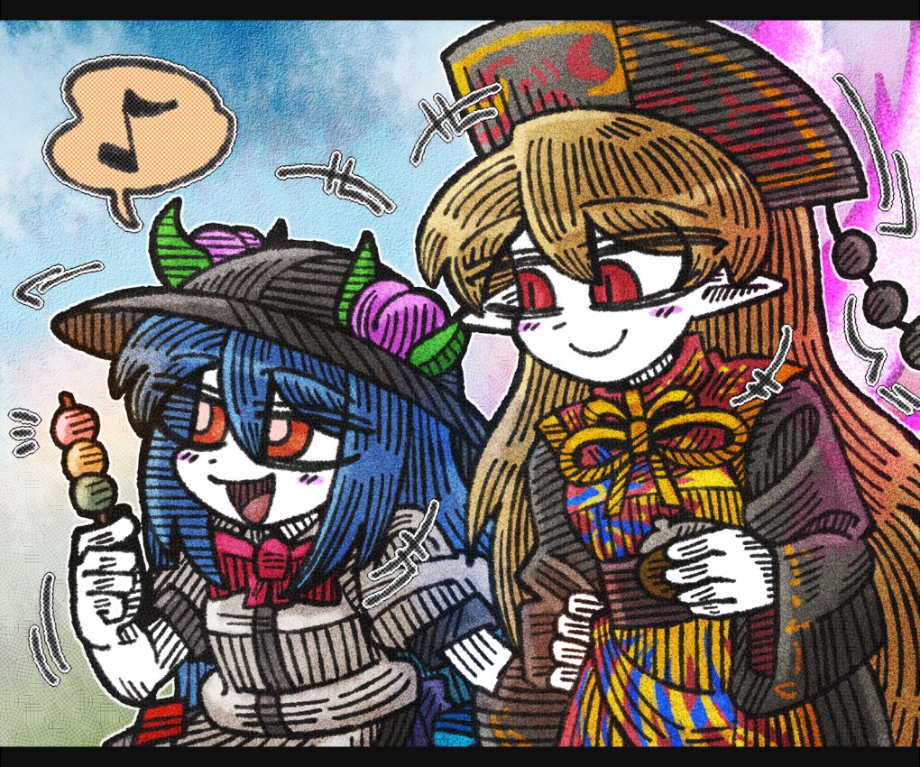 2girls :d black_dress black_hat blonde_hair blue_hair blush_stickers chinese_clothes dango dress eighth_note food fruit hair_between_eyes hand_on_another's_arm hat hat_leaf height_difference hinanawi_tenshi junko_(touhou) letterboxed line_shading long_hair multiple_girls musical_note open_mouth peach pointy_ears puffy_short_sleeves puffy_sleeves red_eyes red_neckwear shirt short_sleeves smile spoken_musical_note suenari_(peace) tabard touhou very_long_hair wagashi wallet white_shirt white_skin wide_sleeves