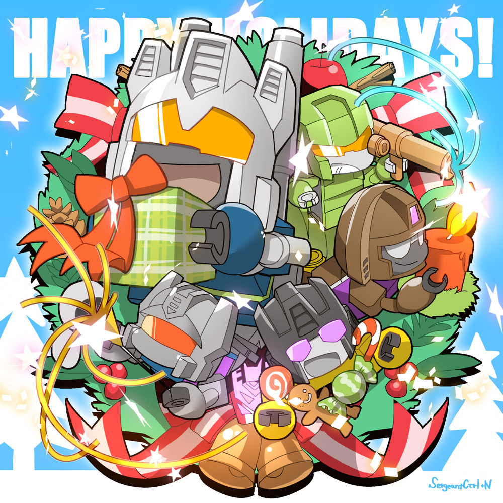 80s bell blast_off blue_background box brawl candle candy candy_cane cannon christmas christmas_ornaments christmas_tree combaticon commentary_request decepticon english fire food fur_trim gift gift_box glowing grin gun insignia looking_at_viewer merry_christmas multiple_boys no_humans oldschool onslaught open_mouth orange_eyes purple_eyes red_eyes ribbon sergeantctrln smile star swindle_(transformers) transformers vortex_(transformers) weapon white_eyes