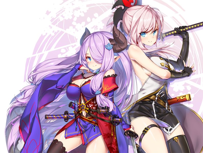 bare_shoulders blue_eyes breasts cosplay detached_sleeves elbow_gloves fate/grand_order fate_(series) gloves granblue_fantasy hair_ornament hair_over_one_eye hong_(white_spider) horns katana large_breasts lavender_hair long_hair miyamoto_musashi_(fate/grand_order) miyamoto_musashi_(fate/grand_order)_(cosplay) multiple_girls narmaya_(granblue_fantasy) narmaya_(granblue_fantasy)_(cosplay) navel pink_hair ponytail smile sword thigh_strap thighhighs weapon