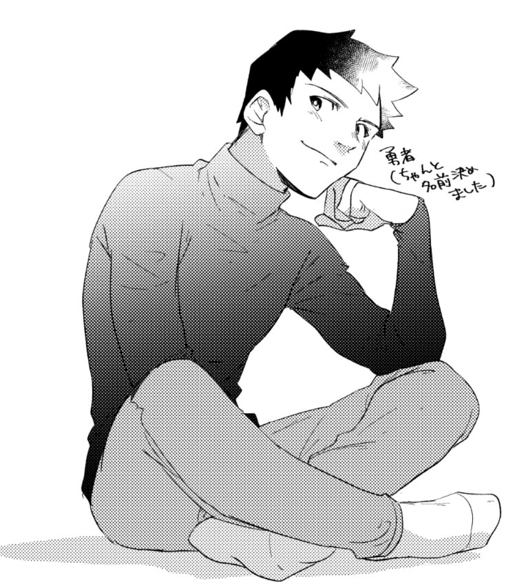 chin_rest greyscale indian_style long_sleeves looking_at_viewer male_focus mitosansan monochrome original osanai_yuuta simple_background sitting smile socks solo turtleneck white_background