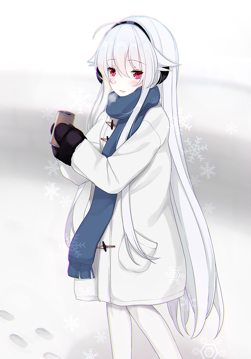 afilia_(kiyomin) ahoge bangs black_gloves blue_scarf blush can cold eyebrows_visible_through_hair gloves graphite_(medium) headband highres holding kiyomin long_hair long_sleeves looking_at_viewer mechanical_pencil original pantyhose parted_lips pencil red_eyes scarf snow solo traditional_media very_long_hair white_hair white_legwear winter winter_clothes