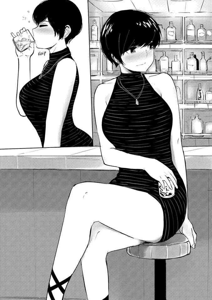 1girl alchohol alone bar bare_shoulder black black_dress black_eyes blush breasts chair commentary drinking female glass highres holding large_breasts monochrome necklace original panel short_hair sitting solo striped_dress thick_thighs thighs