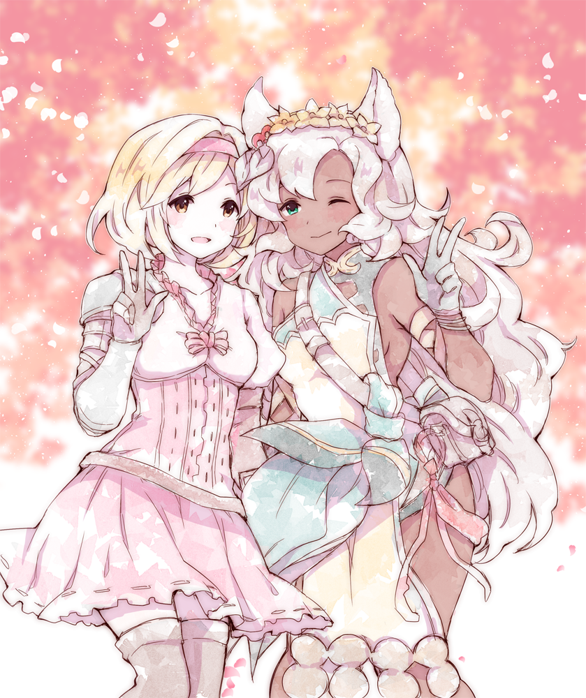 :d animal_ears blonde_hair blush bracelet closed_mouth commentary commission dark_skin djeeta_(granblue_fantasy) dress flower gauntlets gloves granblue_fantasy green_eyes hair_flower hair_ornament hairband hand_up head_wreath jewelry long_hair multiple_girls nemone one_eye_closed open_mouth peachpii pink_hairband pink_skirt pleated_skirt puffy_short_sleeves puffy_sleeves short_sleeves shoulder_armor silver_hair skirt smile spaulders standing thighhighs underbust w yellow_eyes