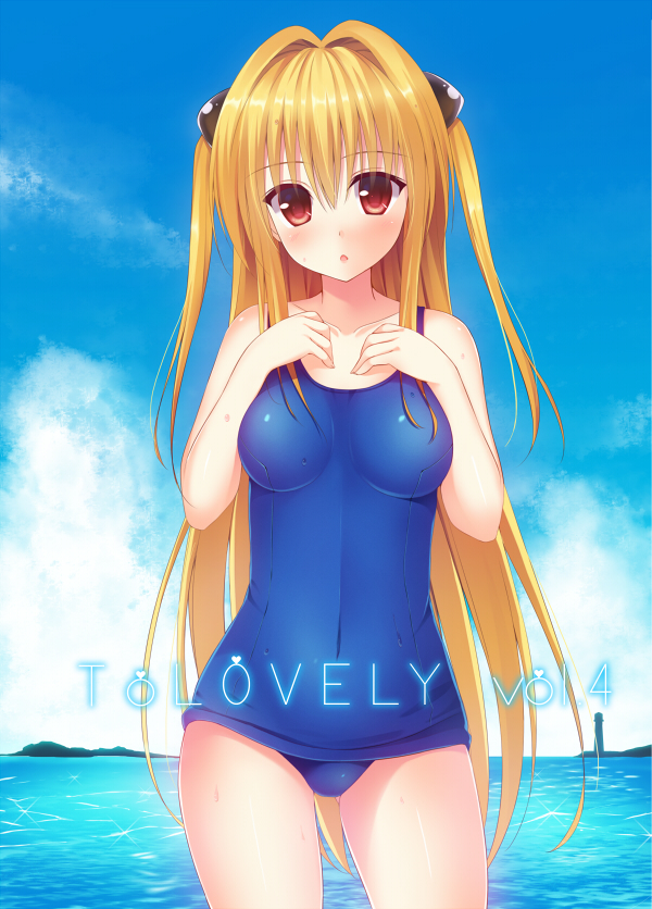 1girl :o bangs blonde_hair blue_sky blue_swimsuit blush breasts cloud collarbone copyright_name covered_navel cowboy_shot day eyebrows_visible_through_hair floating_hair hair_between_eyes hair_ornament konjiki_no_yami long_hair looking_at_viewer medium_breasts ocean outdoors red_eyes rennkuu school_uniform shiny shiny_hair sky solo standing swimsuit to_love-ru to_love-ru_darkness twintails very_long_hair