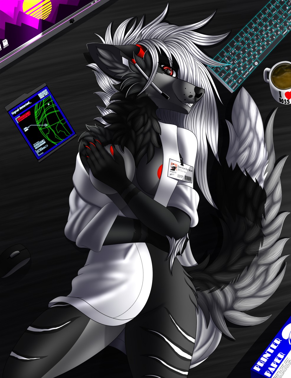 2019 5_fingers anthro black_fur black_hair black_nose breasts canine clothed clothing digital_media_(artwork) female fur hair mammal red_areola red_eyes smile tales_foxdale white_hair wolf