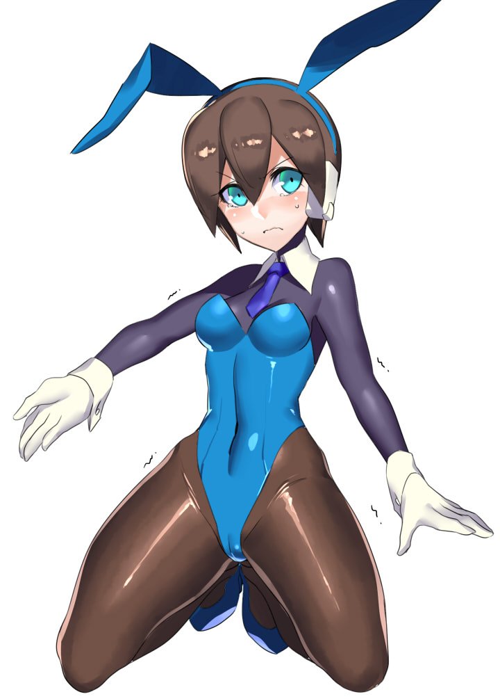 adapted_costume aile alternate_eye_color android animal_ears bangs black_hair blue_bodysuit blue_eyes blue_footwear blue_hairband blue_leotard blue_neckwear blush bodysuit breasts bunny_ears bunny_girl bunnysuit cameltoe closed_mouth commentary_request covered_navel detached_collar fake_animal_ears frown full_body gloves hair_between_eyes hairband hip_bones hips kneeling legs_apart leotard mini_necktie motion_lines necktie outstretched_arm pantyhose reaching_out robot_ears rockman rockman_zx scowl shiny shiny_clothes short_hair simple_background skin_tight small_breasts solo spandex straight_hair strapless strapless_leotard sweat thighs trembling ukimukai v-shaped_eyebrows white_background white_gloves wide_hips wrist_cuffs
