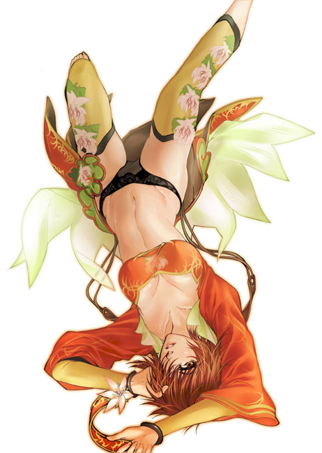 arms_up ballpoint_pen_(medium) bandeau bare_hips barefoot black_panties breasts brown_hair chinese_clothes cleavage collarbone commentary_request detached_leggings green_legwear groin hair_over_one_eye long_sleeves looking_at_viewer midriff navel orange_bandeau panties parted_lips sangoku_musou short_hair simple_background solo stomach sumi_(joker) sun_shang_xiang traditional_media underwear upside-down white_background wide_sleeves