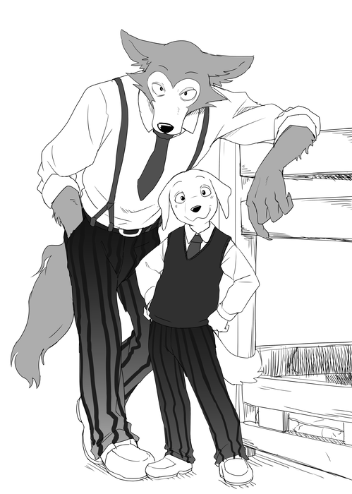 2018 age_difference anthro beastars canine child cub digital_media_(artwork) dog duo jack_(beastars) labrador legosi_(beastars) looking_at_viewer mammal manmosu_marimo monochrome simple_background size_difference smile standing white_background wolf young