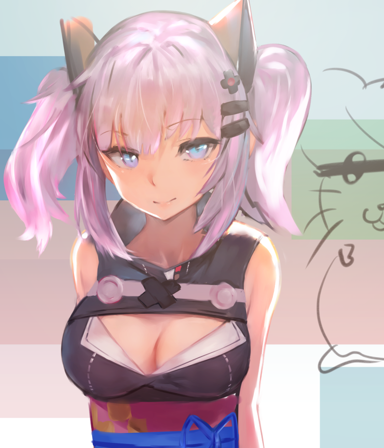 animal_ears asuzemu bangs blue_eyes breasts censored cleavage closed_mouth commentary_request crossover dress eyebrows_visible_through_hair fake_animal_ears hair_ornament hairpin hamtaro hamtaro_(hamtaro) identity_censor kaguya_luna kaguya_luna_(character) large_breasts lavender_hair looking_at_viewer obi sash sidelocks sleeveless sleeveless_dress solo stitching twintails upper_body virtual_youtuber x_hair_ornament