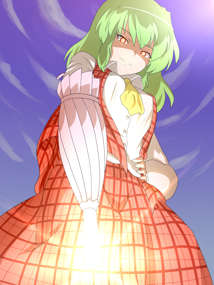 arm_cannon breasts closed_umbrella dress from_below fueiku glowing glowing_eyes green_hair hand_on_hip kazami_yuuka looking_down medium_breasts plaid plaid_skirt plaid_vest red_eyes shaded_face skirt skirt_set solo touhou umbrella vest weapon
