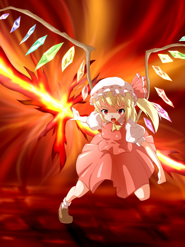 blonde_hair breasts dress fire flandre_scarlet fueiku polearm red_eyes side_ponytail small_breasts solo touhou weapon wings