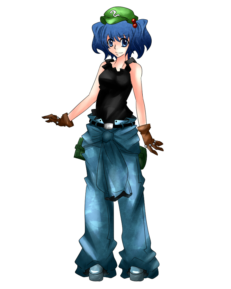 alternate_costume aoshima bag bare_shoulders belt blue_eyes blue_hair clothes_around_waist gloves hair_bobbles hair_ornament hat jacket_around_waist kawashiro_nitori pants smile solo tank_top touhou twintails two_side_up