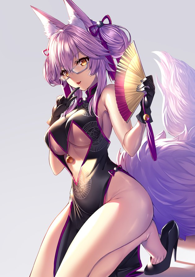 1girl animal_ear_fluff animal_ears arm_support armpit_crease bare_shoulders bell black_dress black_footwear breasts center_opening china_dress chinese_clothes dress dutch_angle earrings fan fate/grand_order fate_(series) folding_fan glasses gloves gradient gradient_background groin hair_ornament hair_ribbon heirou high_heels holding holding_fan jewelry jingle_bell kneeling koyanskaya large_breasts long_hair looking_at_viewer mouth_hold one_eye_closed open_mouth pelvic_curtain pink_hair pointing pointing_at_self purple-framed_eyewear purple_ribbon ribbon semi-rimless_eyewear shiny shiny_skin simple_background smile solo tail tassel thighs underboob very_long_hair yellow_eyes