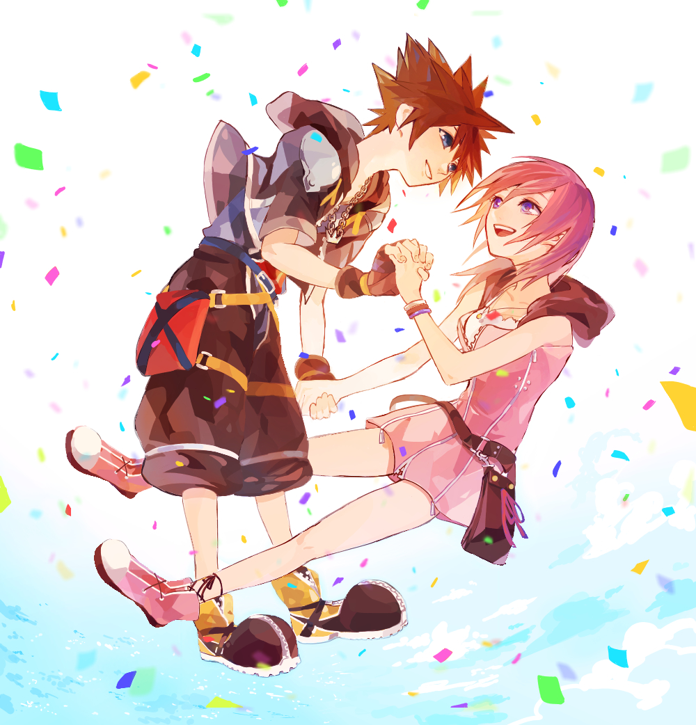 1boy 1girl bag baggy_pants baggy_shorts bangs belt belt_buckle black_shorts blue_eyes bow breasts brown_hair buckle chains confetti crown dress fingerless_gloves gloves grin hand_holding hood jacket jewelry kairi_(kingdom_hearts) kingdom_hearts kingdom_hearts_iii large_shoes looking_at_another medium_breasts medium_hair necklace pants pendant pink_dress pink_footwear pink_hair pouch purple_eyes ramochi_(auti) ribbon shoes short_hair short_sleeves shorts sleeveless smile sora_(kingdom_hearts) spiked_hair strap studded_belt white_background zipper