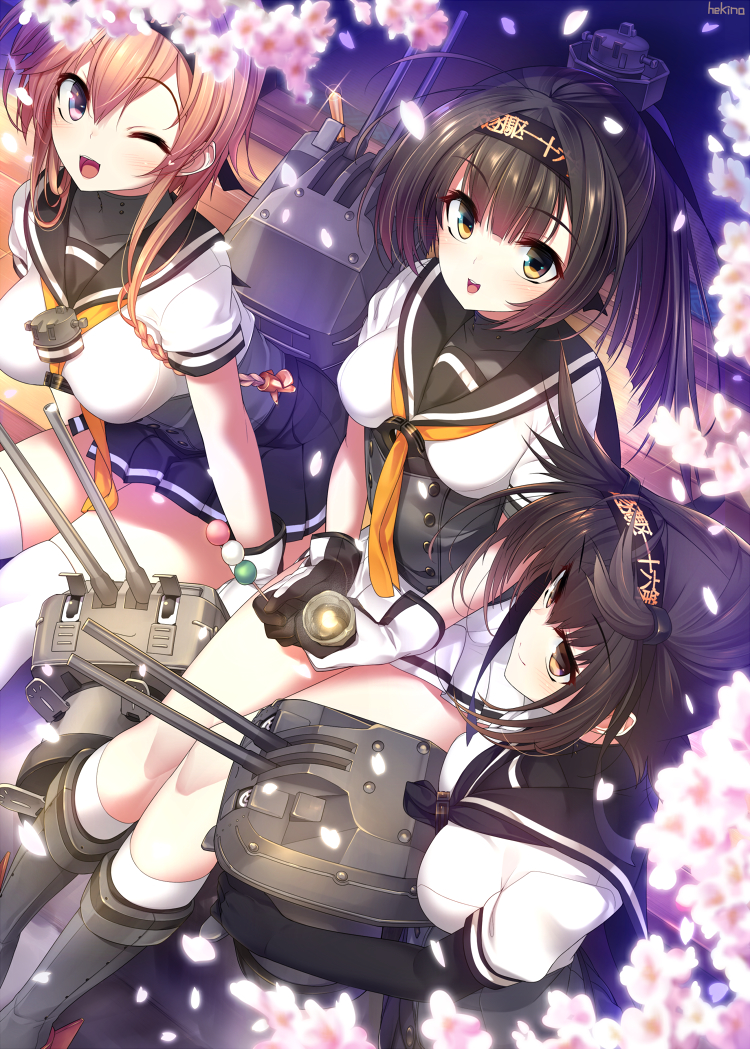 :d akizuki_(kantai_collection) bangs black_hair black_legwear black_skirt blue_eyes blush bodysuit breasts brown_eyes chou-10cm-hou-chan chou-10cm-hou-chan_(hatsuzuki's) chou-10cm-hou-chan_(teruzuki's) closed_mouth commentary_request dragonmaterial eyebrows_visible_through_hair gloves hatsuzuki_(kantai_collection) headband kantai_collection light_brown_hair long_hair looking_at_viewer looking_up medium_breasts multiple_girls one_eye_closed open_mouth pleated_skirt sailor_collar shoes short_sleeves sitting skirt small_breasts smile socks striped striped_skirt teruzuki_(kantai_collection) white_gloves white_legwear yellow_eyes yellow_neckwear