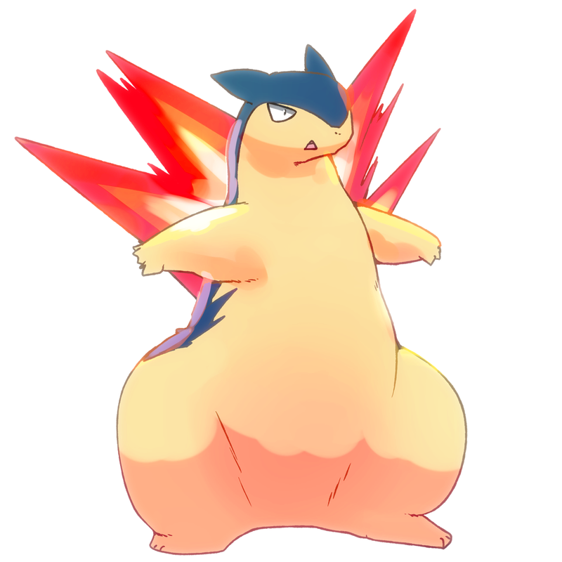 2017 d5ma feral fire fur male nintendo open_mouth pok&eacute;mon pok&eacute;mon_(species) pose raised_arm simple_background slightly_chubby solo standing thick_thighs typhlosion video_games