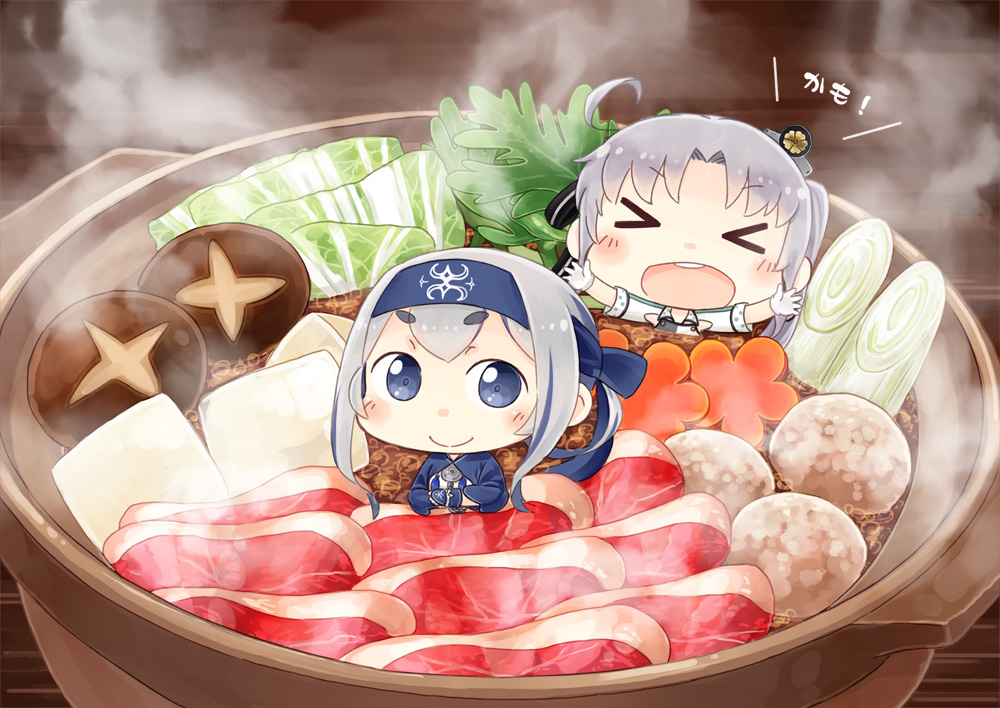 &gt;_&lt; ahoge ainu_clothes akitsushima_(kantai_collection) bandana blue_eyes blue_headband cabbage chibi commentary cropped_jacket folded_ponytail food gloves grey_hair hinata_yuu in_food kamoi_(kantai_collection) kantai_collection long_hair looking_at_viewer meat minigirl multiple_girls mushroom open_mouth outstretched_arms pot side_ponytail sidelocks silver_hair smile steam sukiyaki thick_eyebrows translated upper_body white_gloves wrist_guards