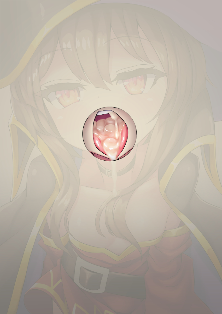 1girl bare_shoulders belt brown_hair cape collar cum cum_in_mouth cumdrip dress eyelashes eyes_half_open face from_above glory_hole hat kono_subarashii_sekai_ni_shukufuku_wo! lips looking_at_viewer looking_up megumin ninopal open_mouth oral_invitation red_dress red_eyes short_hair short_hair_with_long_locks solo strapless tongue tongue_out tube_dress upper_body upper_teeth uvula