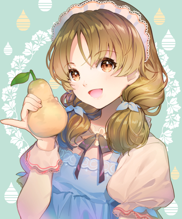 :d bad_id bad_pixiv_id bangs black_ribbon blue_ribbon blush brown_hair ells eyebrows_visible_through_hair food fruit hair_ribbon hairband holding holding_food holding_fruit leaf leaf_background long_hair looking_at_viewer low_twintails neck_ribbon open_mouth orange_eyes original parted_bangs pear pinky_out puffy_short_sleeves puffy_sleeves ribbon short_sleeves smile solo tareme twintails upper_body water_drop wrist_cuffs