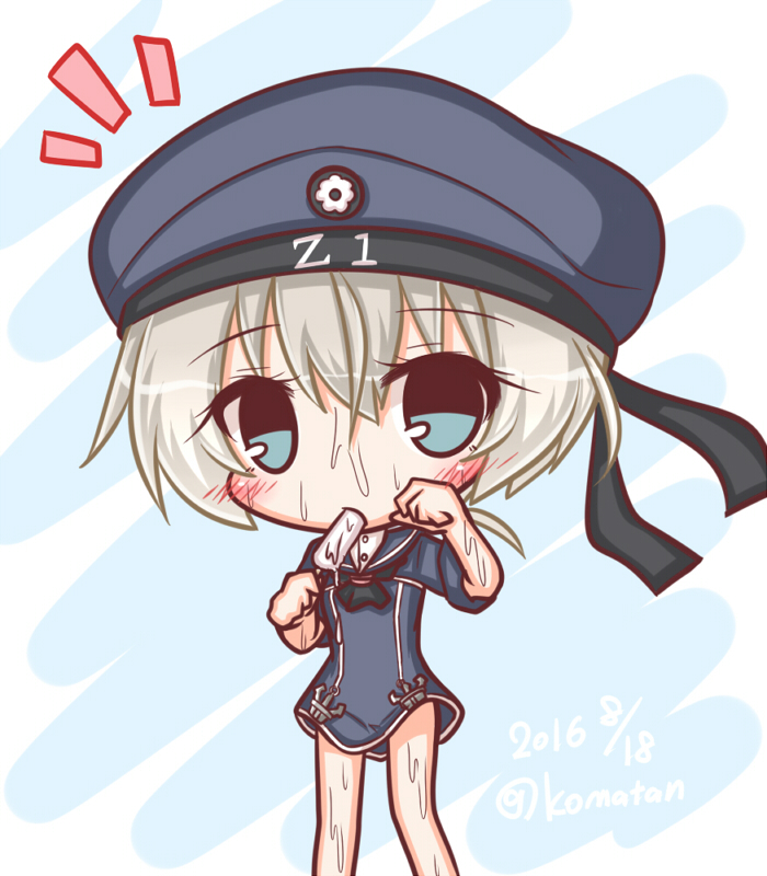ascot bangs black_neckwear black_ribbon blue_eyes blush dated dress eating eyebrows_visible_through_hair food food_in_mouth hair_between_eyes hat head_tilt holding holding_food hot kantai_collection komakoma_(magicaltale) looking_at_viewer navy_blue_dress navy_blue_hat peaked_cap popsicle ribbon sailor_dress short_dress short_hair short_sleeves silver_hair solo sweat twitter_username z1_leberecht_maass_(kantai_collection)