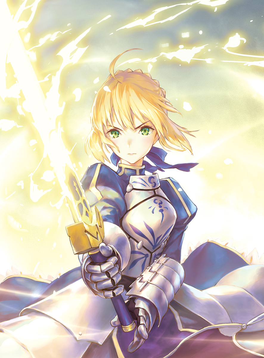 ahoge armor armored_dress artoria_pendragon_(all) bangs blonde_hair blue_dress blue_ribbon braid breastplate closed_mouth cloud commentary_request dress excalibur eyebrows_visible_through_hair fate/stay_night fate_(series) faulds fighting_stance floating_hair french_braid gauntlets glowing glowing_sword glowing_weapon green_eyes hair_ribbon highres hisakata_souji holding holding_sword holding_weapon juliet_sleeves long_sleeves looking_at_viewer puffy_sleeves ribbon saber serious short_hair sidelocks sky solo standing sword v-shaped_eyebrows weapon wind
