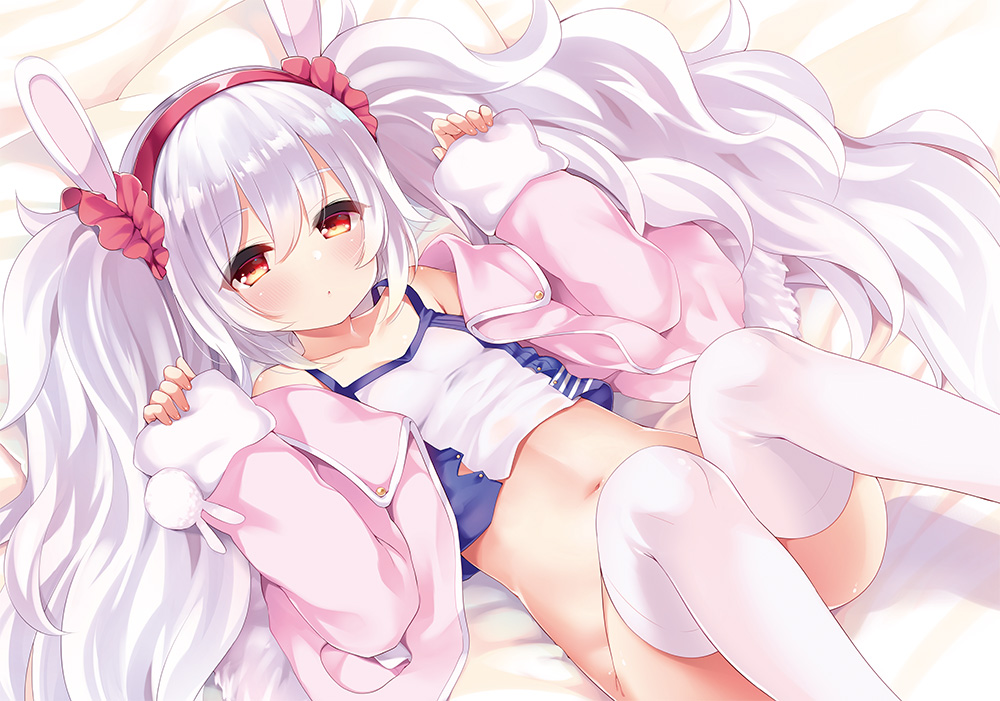 :o animal_ears azur_lane bangs bare_shoulders bed_sheet blue_tank_top blush bottomless bunny_ears collarbone commentary_request crop_top eyebrows_visible_through_hair eyes_visible_through_hair fake_animal_ears fingernails from_above fummy hair_between_eyes hair_ornament hair_scrunchie hairband half-closed_eyes hands_up jacket knees_up laffey_(azur_lane) long_hair long_sleeves looking_at_viewer lying navel off_shoulder on_back open_clothes open_jacket pink_jacket pocket red_eyes red_hairband red_scrunchie scrunchie shiny shiny_hair silver_hair sleeves_past_wrists solo tank_top thighhighs twintails very_long_hair white_legwear white_tank_top