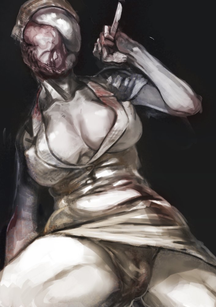 black_background blood bloody_clothes breasts bubble_head_nurse cleavage collarbone cowboy_shot dutch_angle fat_mons hat holding holding_weapon large_breasts matsuba_(idiotlantern) nurse_cap panties pantyshot pantyshot_(sitting) protected_link scalpel silent_hill_2 simple_background sitting solo thick_thighs thighs underwear veins weapon