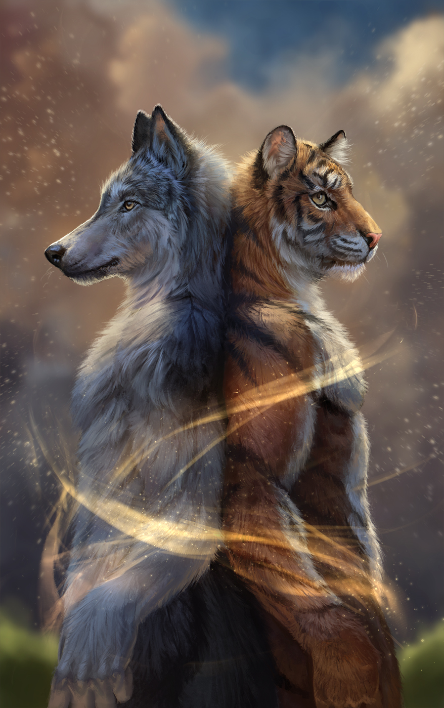 2019 5_fingers anthro back_to_back black_nose brown_eyes canid canine canis conditional_dnp day digital_media_(artwork) duo felid latex_(artist) male mammal nude outside pantherine sky tiger wolf yellow_eyes